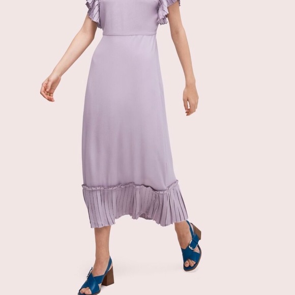 NEW KATE SPADE New York Iced Grape Purple Pleated Ruffle Trim Crepe Midi Dress 8 - Picture 2 of 7